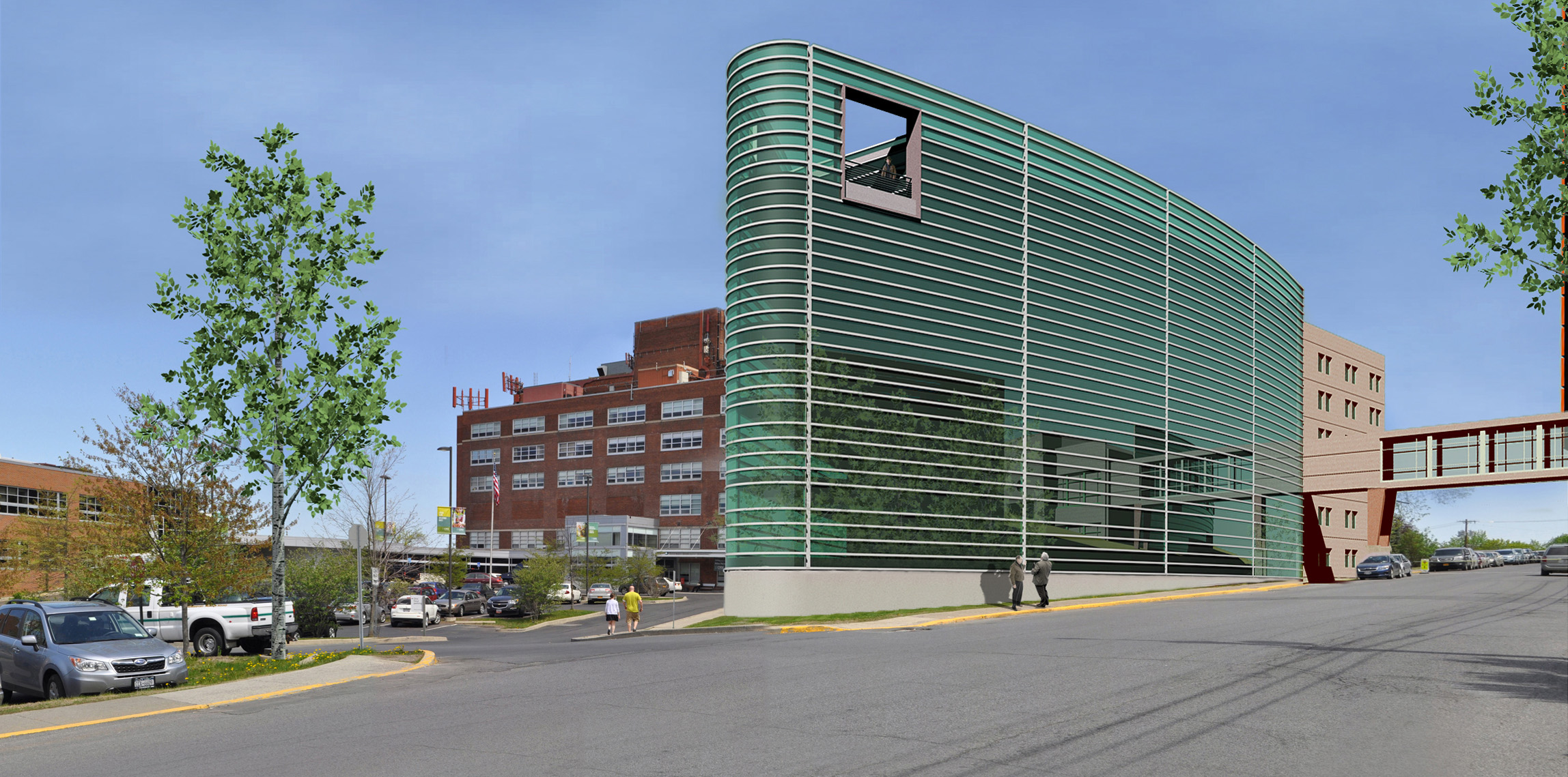 The Hospital Tower connects to all six floors of the existing hospital tower and has new patient rooms.  The tower fronts the street and creates a new entry for the hospital and also has a bridge that connects to the medical office building across the street.   