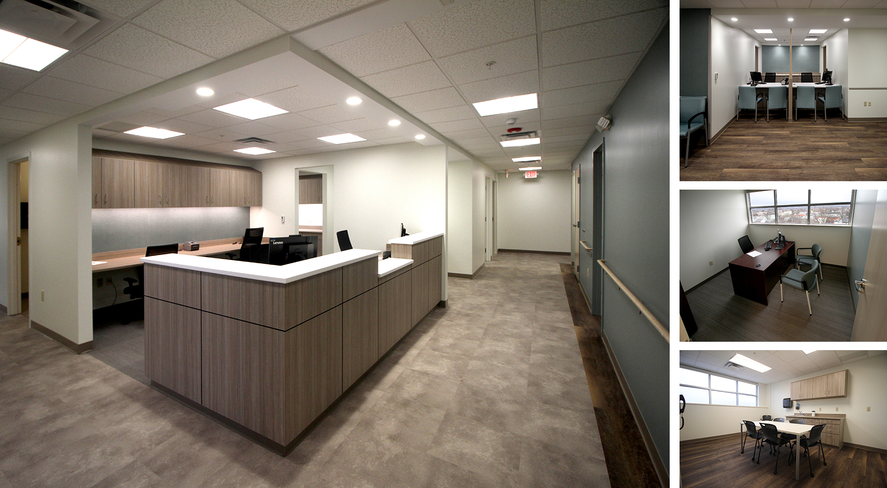 Lothrop Associates expanded the Columbia Memorial Hospital’s Physicians Suite in their Ambulatory Pavilion building. Left: Nurse's Station.  Right: Patient Intake, Office and Staff Pantry.  